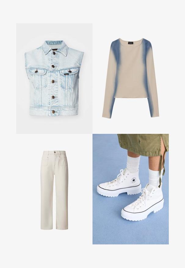 Heleheles sinine denimist ilma varrukateta jakk, millel on krae, kaks rinna taskut, pruunid nupud ja nähtavad õmbluse detailid.; Küsimustes sinise gradientkavandi, heledat beezist pika varrukaga särk. Sile tekstuur koos ümmarguse kaelusega ja sirge ääristusega.; Pepe Jeans STRAIGHT UHW LEXA - Sirgete säärtega teksad - white; Valged kõrged spordijalatsid tekstuuriga kanvas ülemise osa, kummine varvas, ja paks valge platvormi tald. Omab musti aksente ja silmadele.