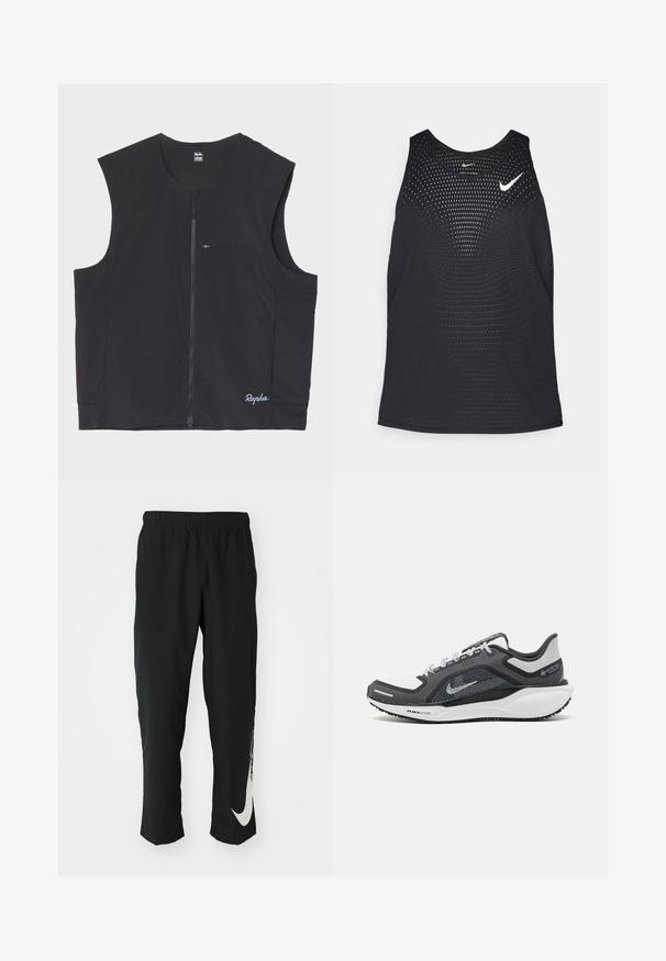Juodas be rankovių liemenė, pagaminta iš lengvos medžiagos, su priekiniais užtrauktukais ir mažais užtrauktukais ant krūtinės, logotipas ant apvado.; Juodas sportinis maikutė su perforuota tekstūra ir apvalia apykakle. Ant krūtinės yra balta Nike logotipas.; Juodos sportinės kelnės su elastingu juosmeniu, siaurėjančiu dizainu ir dideliu baltu Nike logotipu ant kairiojo kojos. Minkšta, lengva medžiaga.; Juodas ir pilkas sportinis batelis su tinkleliu viršuje, atspindinčiais akcentais ir balta vidurinė dalimi. Yra tekstūruota guminė išorinė pada ir raišteliai.