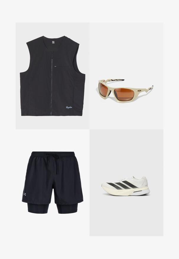 Schwarze ärmellose Weste aus leichtem Material, mit einem Reißverschluss vorne und einer kleinen Reißverschlusstasche auf der Brust, Logo am Saum.; Schwarzes langärmeliges T-Shirt mit strukturiertem Muster, Rundhalsausschnitt und Raglanärmeln, getragen mit schwarzen Sporthosen.; Schwarze Sportshorts mit einem elastischen Bund und Kordelzug, ausgestattet mit einer inneren, enganliegenden Schicht und dem Under Armour-Logo an der Seite.; Weiße Sport-schuhe mit schwarzen Streifen, einem leichten Mesh-Obermaterial, abgerundetem Zehenbereich und einer gepolsterten Sohle, die mit "Lightstrike Pro" beschriftet ist.; Beige Sportsonnenbrille mit braunen Gläsern, einem stromlinienförmigen Design, strukturierten schwarzen Akzenten an den Bügeln und einer kantigen Form.