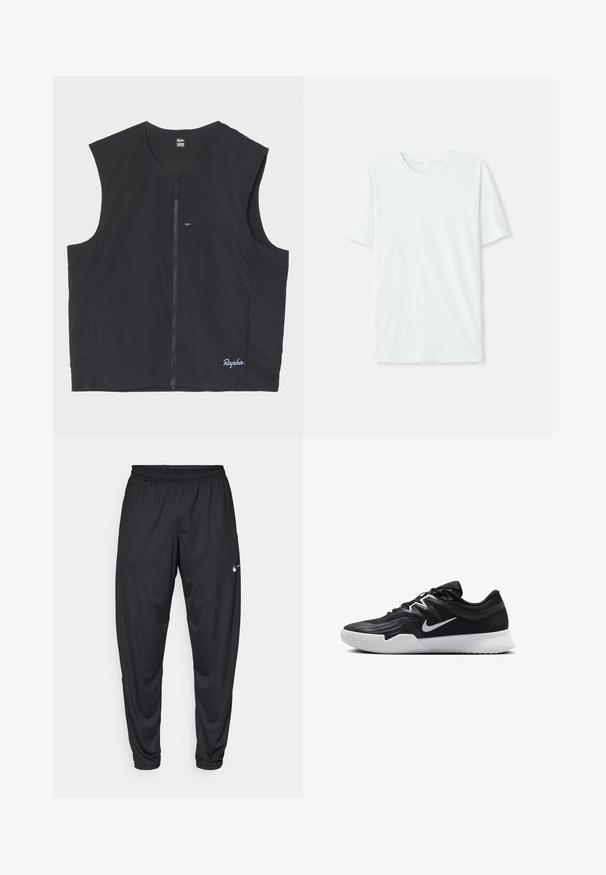 Colete sem mangas preto feito de tecido leve, com um fecho à frente e um pequeno bolso com fecho no peito, logótipo na bainha.; T-shirt curto de manga curta em verde menta claro, feito de tecido suave. Apresenta um decote redondo e um corte simples e reto, sem adornos.; Calças de atletismo pretas com um cós elástico, pernas afuniladas e um pequeno logo branco da Nike na coxa esquerda. Tecido liso, sem padrões.; Sapatilha atlética preta com um cabedal texturizado, swoosh branco da Nike e uma sola de borracha branca. Apresenta um design com atacadores e uma forma dinâmica.