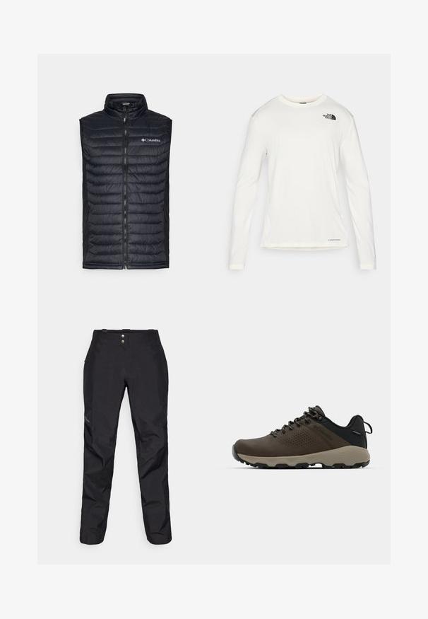 Juodas paminkštintas liemenė su aukštu apykakle, pilnu priekiniu užtrauktuku ir Columbia logotipu ant krūtinės. Yra šoniniai kišeniai ir tekstūrinis paviršius.; Balta ilga rankove marškiniai su apvalia iškirpte, tekstūruota medžiaga, juodas logotipas kairėje petyje ir subtilus prekės ženklas apačioje.; Juodos vandeniui atsparios kelnės su lygia tekstūra, turinčios du priekiniai mygtukai ir siaurėjančio kirpimo dizainas. Akcentuota logotipu šone.; Rudi nepralaidūs sportbačiai su tekstūruota viršutine dalimi, perforuotomis detalėmis, juodu kulno palaikymu ir pilku guminio padu. Šniūreliai yra dekoruoti metaliniais galais.