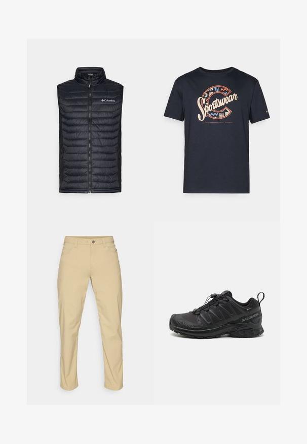 Polstret svart vest med høy krage, hel glidelås foran og Columbia-logo på brystet. Har sidelommer og en teksturert overflate.; Marineblå bomulls t-skjorte med en stor, fargerik "Sportswear" grafikk med geometriske mønstre og bokstaven "C" på forsiden.; Patagonia QUANDARY PANTS - Friluftsbukser - classic tan; Svart sportsko med en teksturert syntetisk overdel, polstret såle og et hurtiglenkesystem. Har forsterket tå og hæl.