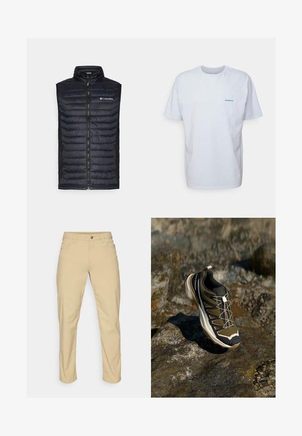 Pohodlná černá vesta s vysokým límcem, plným předním zipem a logem Columbia na hrudi. Obsahuje boční kapsy a texturovaný povrch.; Bílá bavlněná tričko s krátkými rukávy, kulatým výstřihem a kapsou na levé straně hrudi, která má modré logo "Patagonia". Klasický střih s hladkou strukturou.; Patagonia QUANDARY PANTS - Outdoorové kalhoty - classic tan; Trekové boty v olivově zelené a černé barvě s růžovými detaily. Mají texturovaný svršek, flexibilní podrážku, vyztuženou špičku a barevný systém šněrování.