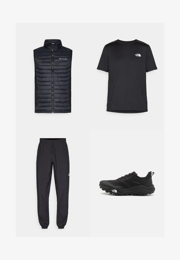 Mīksts melns vestes ar augstu apkakli, pilnu priekšējo rāvējslēdzēju un Columbia logotipu uz krūtīm. Iekļauj sānu kabatas un struktūrētu apdari.; Melnas īsām piedurknēm T-kreklas, izgatavots no viegla auduma. Uz kreisā krūtīm ir neliels balts logo un smalki plecu akcenti.; Melni sporta bikses, kas izgatavotas no viegla auduma, ar savelcamu jostu, sānu kabatām un sašaurinātiem apakšējiem galiem pie potītēm.; Melnas taku skriešanas kurpes ar teksturētu virsu, gumijas zoli un pastiprinātu pirkstu daļu. Aprīkotas ar mīkstu apkakli un vilkšanas cilpu, lai viegli uzvilktu.