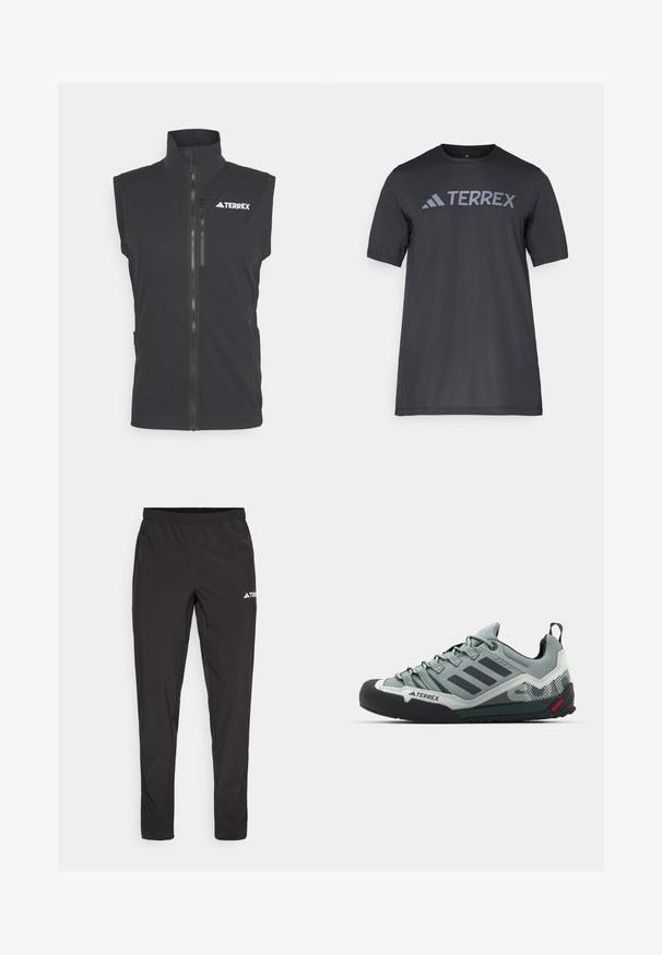 Vest negru fără mâneci, dintr-un material neted, cu guler înalt, fermoar frontal și un logo alb contrastant pe partea superioară stângă.; Tricou negru cu mânecă scurtă, confecționat dintr-un material ușor, având un logo gri deschis „TERREX” pe piept și un gât rotund.; Pantaloni sport negri cu talie elastică, două buzunare laterale cu fermoar și un logo pe partea dreaptă a piciorului. Material neted și ușor.; Pantofi de escaladă gri, cu un superior texturat, vârf din cauciuc negru, trei dungi întunecate și un mic accent roșu pe talpă.