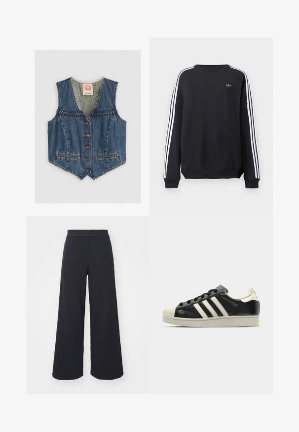 Denim mellény V-nyakkal, fonott részletezéssel, hat fémbottal és két elülső zsebbel. Kék színű narancssárga varrásokkal kiemelve.; Fekete hosszú ujjú pulóver, fehér csíkokkal mindkét karon, és egy kis szürke logóval a mellkason. Pamut anyagból, kényelmes szabású.; Fekete, bő szárú melegítőnadrág, puha anyagból készült, rugalmas derékkal és egy kis logóval a bal oldalon.; Fekete bőrsneaker fehér csíkokkal, gumírozott orral, fekete fűzővel és krém színű talppal. Simaság és fényes felület jellemzi.