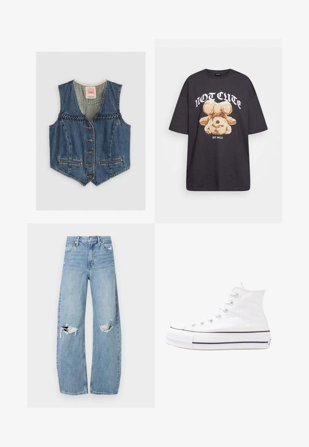 Traper prsluk s V-izrezom, pletenim detaljima, šest metalnih dugmadi i dva prednja džepa. Plava boja s narančastim šavovima.; Crna oversized majica s grafikom medvjeda i natpisom "NIJE SLATKO, ALI DIVLJE" u podebljanim, bijelim slovima. Pamuk.; Svijetloplave, visoko-strukirane traperice. Imaju široke nogavice, dva razderana područja na koljenima i klasičan stil s pet džepova.; Bijela visoka platnena tenisica s crnom gumenom potplatom, prednjim gumenim zaštitnikom prstiju i šest rupa za vezanje, s čistim, minimalističkim dizajnom.