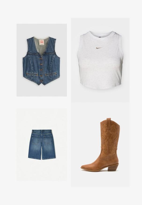 Jeans prsnica z V-izrezom, pletenimi detajli, šestim kovinskimi gumbi in dvema sprednjima žepoma. Modra barva z oranžnimi šivi.; Bela kratka majica iz nežne, teksturirane tkanine. Ima okroglo ovratnik in brezrokavni dizajn z majhnim zlatim logotipom Nike spredaj.; Jeans kratke hlače v srednji modri barvi z ohlapnim krojem, ki imajo dve zadnji žepni in čisto, ravno rob. Klasična pet-žepna zasnova.; Rjavi usnjeni kauboj čevlji s koničastim nosom, vezenimi vijugastimi vzorci na zgornjem delu in zloženim kvadratnim peto. Imajo zanko za enostavno obuvanje.