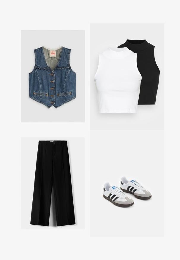 Džínová vesta s výstrihom do V, pletenými detailmi, šiestimi kovovými gombíkmi a dvoma prednými vreckami. Modrá farba s oranžovými švami.; Dve bezrukávové rebrované roláky v čiernej a bielej farbe, pričom majú priliehavý strih a hladkú textúru, s krátkou dĺžkou.; Čierne široké nohavice z ľahkého materiálu, s predným zapínaním na gombík a plochým predným dielom, s pekne ušitými lemami.; Športové topánky s bielym koženým zvrškom, šedou semišovou špičkou a tromi čiernymi pruhmi. Obsahujú modré logo na jazyku a štruktúrovanú gumovú podrážku.