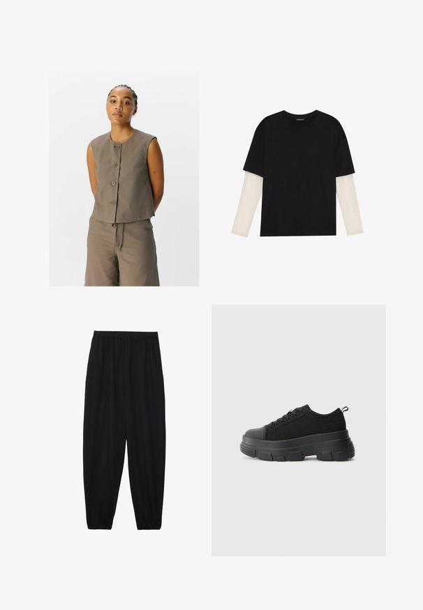 Top sin mangas marrón con cinco botones, con un escote redondo y un ajuste ligeramente holgado, combinado con pantalones de cordón a juego.; Camiseta negra de algodón, con mangas cortas sobre una capa blanca de manga larga con un patrón texturizado sutil. Diseño de escote redondeado.; Pantalones negros, ligeros, con cintura elástica y tobillos fruncidos. La tela es suave y presenta un diseño relajado y ajustado.; Zapatillas negras con suela de goma gruesa, parte superior de tela texturizada, punta redonda y diseño con cordones. Presenta ojales reforzados y tirador en la parte trasera.