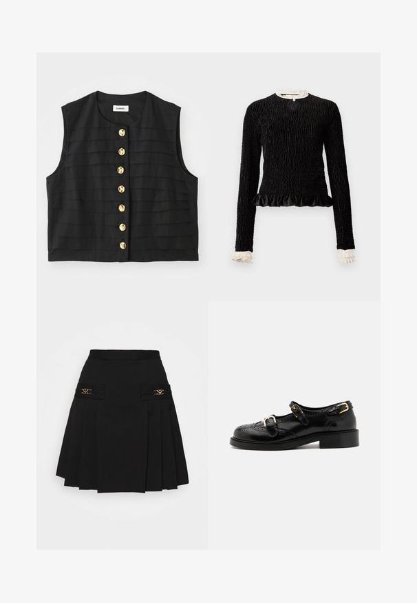 Juodas be rankovių marškinėliai su horizontaliomis plokštelėmis ir apvaliu kaklu, su auksiniais apvaliais mygtukais priekyje. Lygus audinio tekstūra.; Juodas ilgomis rankovėmis viršus su tekstūruotu audiniu, raukiniais apatinėje dalyje ir baltais raukiniais prie apykaklės ir rankogalių. Yra centrinis užsegimas su kilpele.; Juoda klostuota sijonas su auksiniais akcentais. Yra šoninės kišenės su logotipo detalėmis, pagamintas iš lygaus audinio. A formos siluetas.; Juodi odiniai batai su brogučių detalėmis, turintys dvi sagtis, apvalų nosį ir žemą kulną. Lygus paviršius su blizgiu finišu.