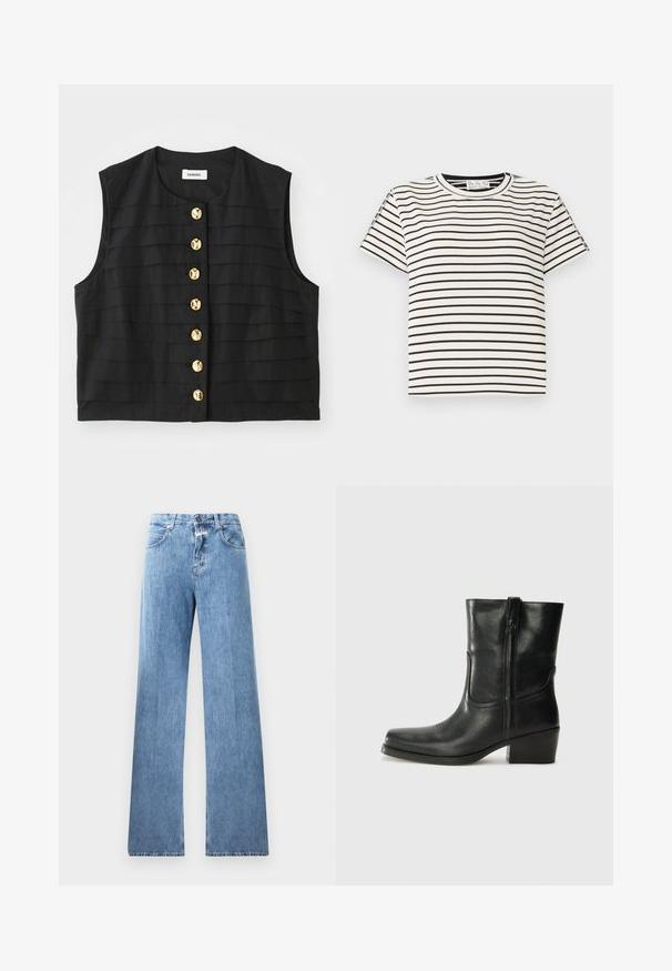 Fekete ujjatlan felső vízszintes pliszékkel és kerek nyakkivágással, arany kör alakú gombokkal az elején. Sima textúrájú anyag.; Pamut rövid ujjú póló, kerek nyakkivágással, fekete függőleges csíkozással fehér alapon és egyenes szabású dizájnnal.; Világoskék farmernadrág, széles lábakkal, öt zsebből, övrögzítőkből és gombzáras kivitelben. Az anyag sima textúrájú.; Fekete bőr bokacsizma lekerekített orral, blokk sarkúval, oldalsó cipzárral és varrásos díszítéssel az elején. Simább textúra, klasszikus dizájn.
