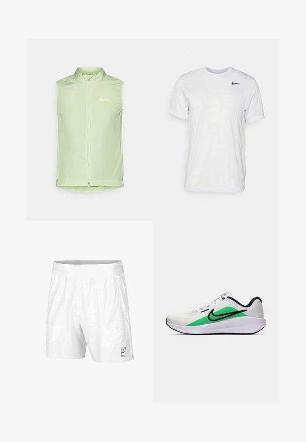 Vaalean mintunvihreä ilmanhiha-juoksuliivi, joka on valmistettu kevyestä kankaasta, ja siinä on etuvetoketju sekä pieni logo vasemmassa rinnassa.; Valkoinen lyhythihainen t-paita, joka on valmistettu sileästä kankaasta. Ominaisuuksina pyöreä kaula-aukko ja pieni musta Nike-logo vasemmassa rinnassa.; Valkoiset urheilushortsit, jotka on valmistettu kevyestä kankaasta, joustovyötäröllä. Siinä on kaksi sivutaskua ja pieni musta logo helman kohdalla.; Valkoinen urheilukenkä, jossa on vihreä yksityiskohta, musta logo, verkkomateriaali päälliosassa, pehmustettu pohja ja pyöreä korko. Sisältää nauhat ja kontrastiväriä.