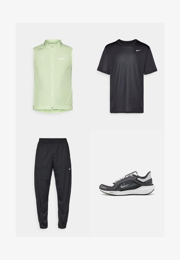 Svijetlo mint zelena bezrukavna biciklistička prsluk, izrađena od lagane tkanine, s prednjim patentnim zatvaračem i malim logom na lijevoj strani prsiju.; Crna atletska majica kratkih rukava, okruglog izreza, napravljena od glatkog materijala. Ima mali bijeli Nike logo na gornjem lijevom dijelu.; Crne atletske hlače s elastičnom trakom u struku, sužene nogavice i mali bijeli Nike logo na lijevom bedru. Glatka tkanina, bez uzoraka.; Crne i sive atletske cipele s mrežastim gornjim dijelom, reflektirajućim detaljima i bijelim među-djelom. Imaju strukturiranu gumenu potplate i vezice.