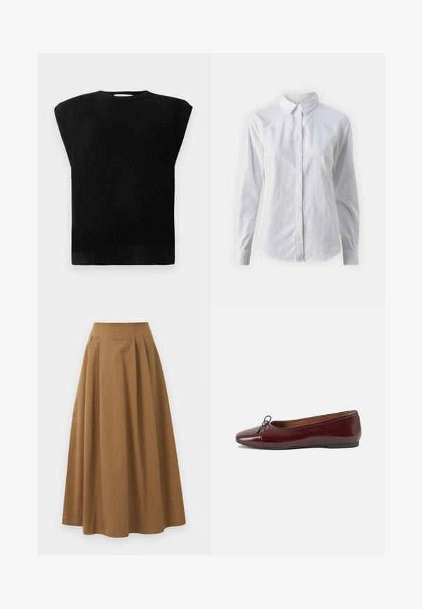 Svart strikkegenser med en boksform, mannekjøttnek, og korte ermer. Glatt tekstur, ingen synlige mønstre eller maskinvare detaljer.; Hvit skjorte med knapper laget av glatt bomull, med klassisk krage, lange ermer og buet skjær. Knapper er små og hvite.; Brun bomull A-linje skjørt med høy midje, med folder foran og en jevn tekstur. Kantene er rene og enkle.; Burgunderrød lakk lær ballettleilighet med rund tå, liten sløyfe foran og en lav, svart gummisåle. Glatt tekstur.