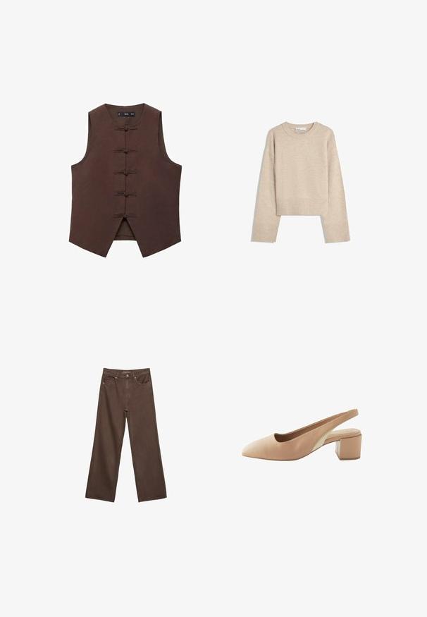 Brun ärmlös väst med mandarinkrage och traditionella knytknäppningar, tillverkad av ett texturerat tyg med skräddarsydd passform.; Beige kortärmad tröja i mjukt stickat material. Har rund halsringning, långa ärmar samt ribbade muddar och nederkant för ökad textur.; Breda bruna jeans i denim med hög midja, framfickor och klassisk knäppning. Slät textur med subtil sömnad.; Nude läder slingback-sko med spetsig tå, låg blockklack och en kontrasterande beige sidopanel. Slät textur, minimalistisk design.