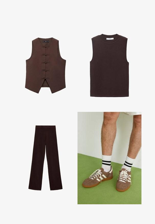 Gilet marrone senza maniche con colletto alla cinese e chiusura a nodo tradizionale, realizzato in un tessuto testurizzato con una forma sagomata.; Maglione senza maniche in marrone scuro, realizzato in un morbido tessuto testurizzato. Presenta un collo rotondo e bordi a coste alle aperture delle maniche e all'orlo.; Pantaloni a gamba larga marroni realizzati in tessuto morbido, con una vita alta e una consistenza liscia, senza motivi o accessori visibili.; Sneaker in suede marrone con dettagli e lacci bianchi. Suola in gomma color gomma. Indossati con calzini bianchi con righe nere. Pavimento verde texturizzato.