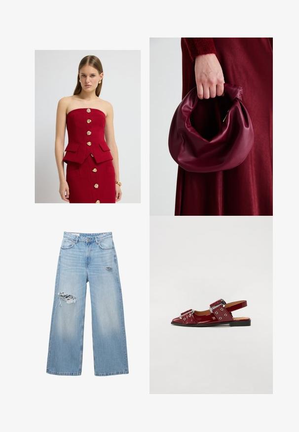 Rode strapless top met gestructureerd ontwerp, gouden knoopaccenten en twee voorzakken. Soepele textuur, op maat gemaakte pasvorm en formele stijl.; Gestreept overhemd in bruin en wit, met lange mouwen, een puntige kraag en een afgeronde zoom. Gestructureerde stof met verticale strepen.; Lichtblauwe wijde jeans van denim, met verwerkte plekken op de knieën en een vijf-pocket ontwerp. Strakke, rechte zoom.; Bordeaux glanzend leren slingback-schoenen met een spitse neus, voorzien van twee verstelbare gespsluitingen en accenten van zilverhardware.; Bordeaux leren handtas met een zacht, gegathered ontwerp en een ronde vorm. De handgreep is stevig bevestigd en toont een gladde textuur.