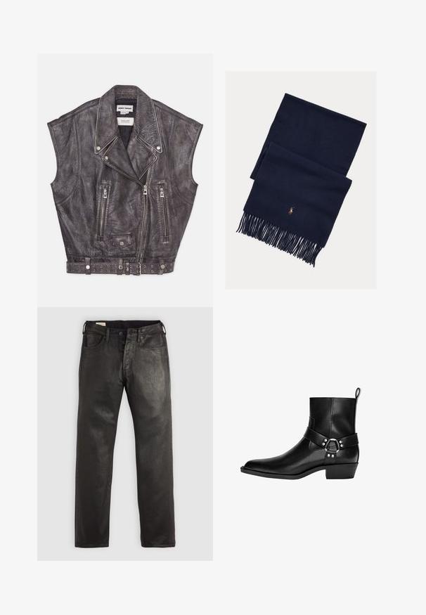 Beżowa skórzana kamizelka bez rękawów o teksturowanym wykończeniu, ze skośnymi zapięciami na zamek błyskawiczny oraz ćwiekowanym paskiem w talii. Ciekawy design klap.; Bershka - Sweter; Czarna koszulka z długim rękawem wykonana z bawełny, z okrągłym dekoltem i prostym krojem, z małym logo na rękawie.; Czarne dżinsy o prostym kroju, z zapięciem na guzik i zamek, pięcioma kieszeniami i gładką fakturą.; Czarne skórzane botki za kostkę z wąskim noskiem, dekoracyjnym paskiem i okrągłym zapięciem, oraz niskim obcasem. Gładka faktura z minimalnym przeszyciem.; Granatowy wełniany szalik z frędzlami na końcach i subtelnie wyszywanym pomarańczowym logo. Gładka faktura, prostokątny kształt i minimalistyczny design.