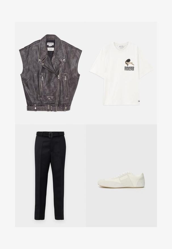 Bezramenná šedá kožená vesta s texturovaným povrchem, šikmými zipovými uzávěry a cvočkovým pásem v pase. Pozoruhodný design klopy.; Bílé bavlněné tričko s pixelovanou grafikou postavy a textem "NAHÉ FOTOGRAFIE ZAKÁZÁNY" na levé straně. Krátké rukávy.; Černé oblekové kalhoty mají hladkou tkaninu, rovný střih a pas s opaskem a obdélníkovou sponou. Výrazné přední záhyby zvýrazňují design.; Bílé sportovní boty s hladkým designem, které mají semišovou špičku, kožené panely a kontrastní texturované akcenty. Plochá gumová podešev.