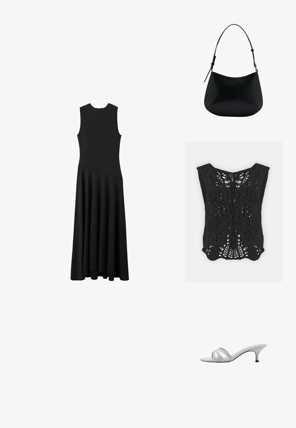 Schwarze Häkelweste mit V-Ausschnitt, komplexem Muster aus offener Maschenarbeit und Bindegürtel vorne. Lockere Passform mit breiten Armlöchern.; Schwarzes ärmelloses Maxikleid mit enger Passform im Oberteil und schwingendem Rock, ausgestattet mit einer glatten Textur und minimalistischem Design, ohne sichtbare Verschlüsse.; Hellgraue Absätze mit drei überkreuzten Riemen, schlankem Profil und spitz zulaufendem Absatz. Glatte Textur mit leicht glänzendem Finish.; Schwarze Ledertasche mit schmalem Design, geschwungener Form und verstellbarem Griff. Verfügt über minimale Nähte und ein schlichtes Design.