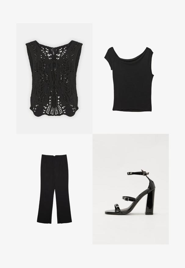 Crni ikat prsluk s V-izrezom, složenim uzorkom otvorenog pletenja i detaljem vezivanja sprijeda. Labav kroj s širokim otvorima za ruke.; Crna majica kratkih rukava od glatkog materijala; ima drapirani izrez i asimetrični donji rub, uz prilagođeni kroj tijela.; Crne hlače ravnog kroja, s prednjim džepovima i bočnim prorezima na rubu. Izrađene od mekog i glatkog materijala. Pogodne za razne prigode.; Crne lakirane sandale na visoku petu s dva remena s kopčama, kvadratnim vrhom i masivnom blok petom, s glatkom, sjajnom teksturom.