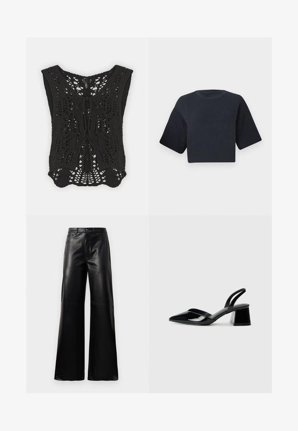 Melnā adītā veste ar V formas kakla izgriezumu, sarežģītu atvērtu adījuma rakstu un saites detalizāciju priekšā. Brīvs piegriezums ar plašiem rokturiem.; Tumši zili izgriezts adīts džemperis ar ribotu tekstūru, īsām platām piedurknēm un apaļu kakla izgriezumu. Vienkāršs dizains, bez redzamām rakstu vai akcentiem.; Melnas augstās jostas platajās kājās sintētiskās ādas bikses ar priekšējo pogu, rāvējslēdzēju, jostas cilpām un sānu kabatām uz baltā fona.; Melna lakota āda ar atvērto papēdi, ar smailu purngalu un ģeometrisku blokpapēdi. Iezīmējas elegants, minimāls dizains un gluda tekstūra.