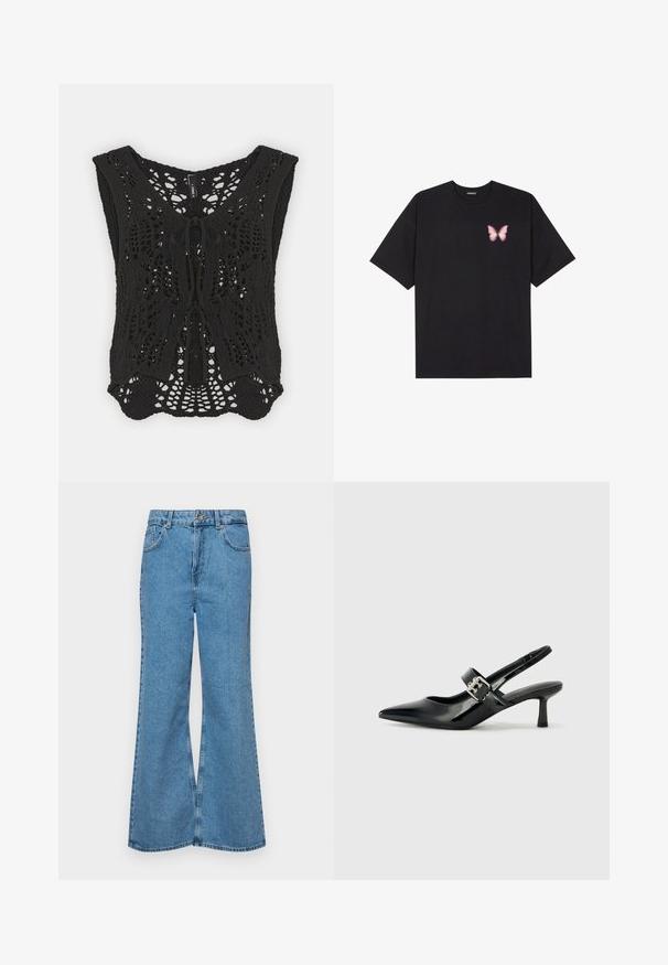 Črn zamašek iz kvačkanja z V-izrezom, zapletenim odprtim pletenjem in zavezenim detajlom spredaj. Ohlapen kroj z širimi armhole.; Črna bombažna majica s kratkimi rokavi, ki ima majhen roza metuljček na levi strani prsnega dela. Majica s krožnim ovratnikom in sproščenim krojem.; Svetlo modri razširjeni džins hlače iz denima, z visokim pasom, petimi žepi in enim gumbom za zapiranje. Mehka tekstura z blagim zbledelim videzom.; Črne patent usnjene slingback pete s koničastim nosom in majhnim blok peto, ki vključujejo srebrno zaponko na traku.
