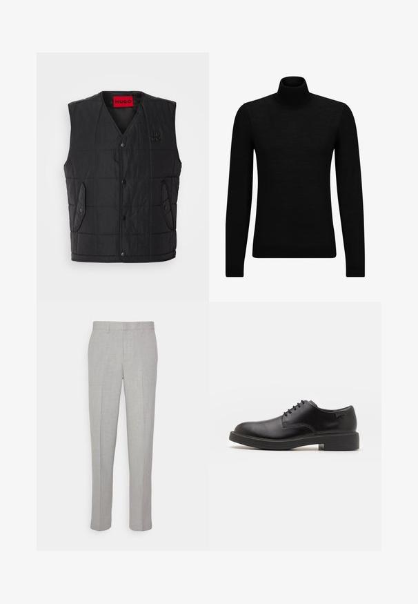 Chaleco acolchado negro con diseño de escote en V, que presenta botones a presión, dos bolsillos laterales y una etiqueta roja en contraste en el interior. Tejido texturizado.; Jersey de cuello alto negro hecho de un material suave, con mangas largas y un ajuste ceñido. Ribete acanalado en el dobladillo y los puños. Diseño simple.; Pantalones gris claro con una textura suave, frente plano y piernas rectas. Hechos de una tela transpirable, con bolsillos internos y pasadores para cinturón.; Zapato negro de cuero con cordones, punta redondeada, textura suave, costuras mínimas y tacón bajo de goma. Logo en el tacón.