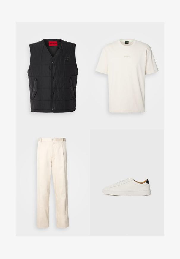 Juodas paminkštintas liemenės su V formos iškirpte dizainas, su snap mygtukais, dviem šoniniais kišenėmis ir kontrastinga raudona etikete viduje. Tekstūruota medžiaga.; BOSS TEE - Paprasti marškinėliai - open white; Bežinės medvilninės kelnės su tiesiu kirpimu, turinčios mygtuko uždarymą ir priekyje raukšles papildomai dekoratyviam akcentui.; Balti sportbačiai su lygia oda, apvalia pirštine ir plokščiu padu. Juodas akcentas prie kulno, su toniniais raišteliais ir minimaliais prekių ženklais.