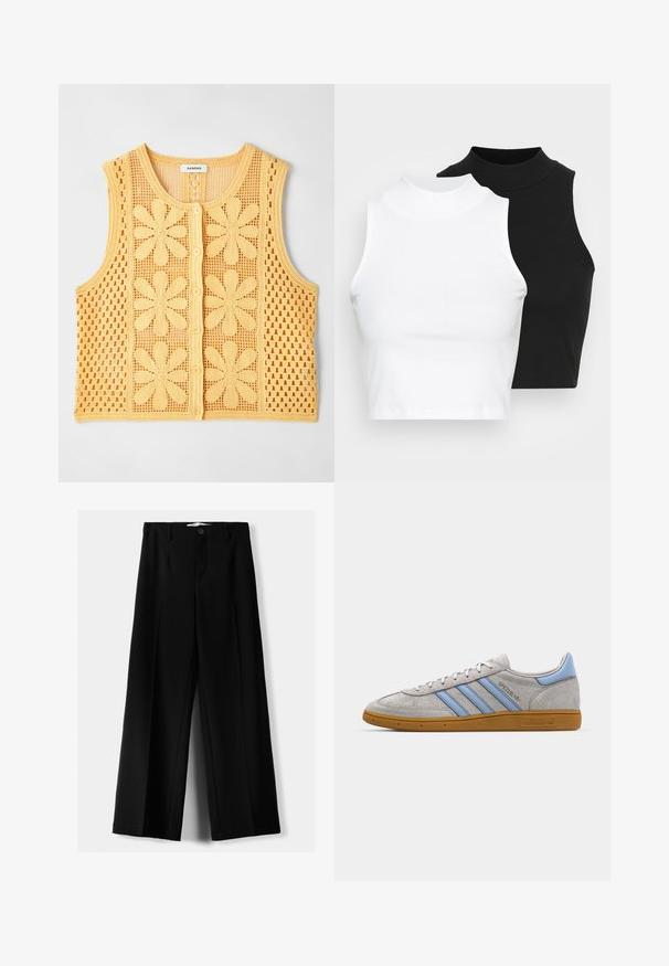 sandro Liivi - jaune; Kaksi hihattomaa ribattua kauluspaitaa mustana ja valkoisena, joissa on istuva muotoilu ja sileä rakenne, sekä lyhyt pituus.; Mustat leveälahkeiset housut, jotka on valmistettu kevyestä kankaasta. Housuissa on etunappikiinnitys ja tasainen etuosa, sekä huolellisesti ommellut helmat.; Harmaa nubuk-nilkkkenkä, jossa on vaaleansinisiä raitoja, kuminen pohja ja logo-koristelu. Matalaprofiilinen muotoilu, pyöreä kärki ja nauhakiinnitys.