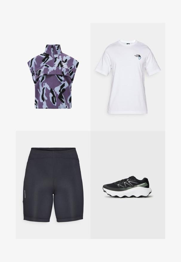 Lila und hellblaue Fleece-Pullover mit schwarz-lila Camouflage-Muster, hohem Kragen und gesticktem Text "UNBORED ONBOARD."; The North Face EXPLORE CARABINER RELAXED TEE UNISEX - T-Shirt print - white; Schwarze Sportshorts aus glattem, dehnbarem Stoff. Mit hohem Bund und seitlichem Logo-Detail. Einfaches, elegantes Design.; Schwarzer Trainingsschuh mit einem Obermaterial aus Mesh, weißen und hellgrünen Akzenten, einer gepolsterten weißen Sohle und einer strukturierten Grip-Außensohle.