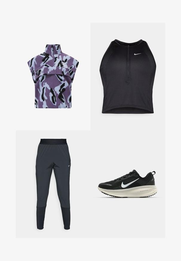 Lila und hellblaue Fleece-Pullover mit schwarz-lila Camouflage-Muster, hohem Kragen und gesticktem Text "UNBORED ONBOARD."; Schwarzes sportliches Crop-Top mit Reißverschluss vorne, Netz-Akzenten und figurnaher Passform. Hergestellt aus dehnbarem, atmungsaktivem Material. Nike-Logo auf der Vorderseite.; Dunkle graue Nike Sporthosen mit einem schmal zulaufenden Bein-Design, elastischem Bund und Akzentdetails in der Nähe der Bündchen.; Schwarzer Nike-Laufschuh mit atmungsaktivem Mesh-Obermaterial, weißem Swoosh-Logo, strukturierten Details und einer cremefarbenen ZoomX-Zwischensohle.