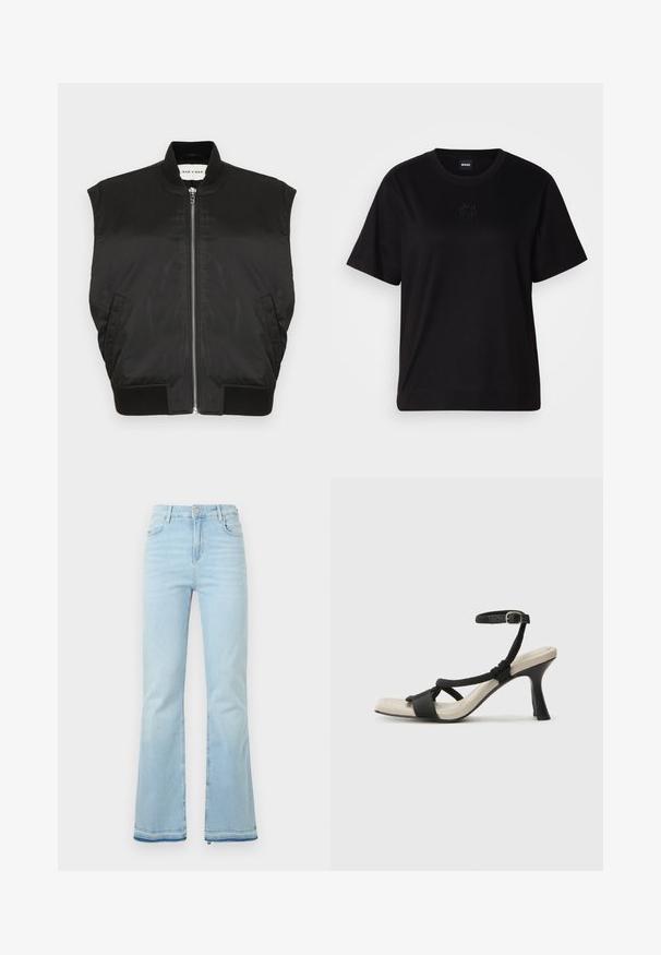 Svart ärmlös jacka i ett mjukt material med hög krage, dragkedja fram och ribbad nederkant samt ärmhål. Inkluderar två sidfickor.; Svart bomullströja med rund halsringning, korta ärmar och en broderad logotyp på bröstet. Enkel, avslappnad passform utan mönster.; Ljusblå utsvängda jeans i denim med hög midja, framfickor och rå kant vid bensluten för en avslappnad stil.; Svart klacksandaler med flätad remdesign, fyrkantig tå och justerbar vristrem. Ljusbeige fotbädd med glansig svart klack.
