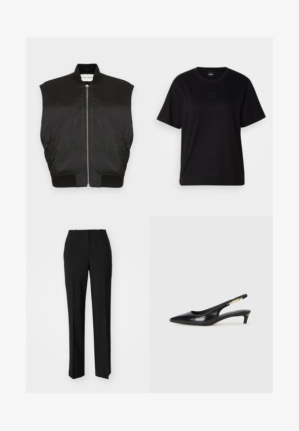 Jacket preto sem mangas em tecido liso, com gola alta, fecho frontal em zip e bainha e aberturas das mangas caneladas. Inclui dois bolsos laterais.; T-shirt de algodão preto com decote redondo, mangas curtas e um logótipo bordado no peito. Corte simples e descontraído, sem padrões.; Calças pretas de corte ajustado com um design de perna reta, apresentando uma textura lisa e pregas bem definidas na frente. Sem hardware visível.; Saltos slingback em couro preto com bico fino, apresentando um salto esguio e um detalhe em tom dourado na alça ajustável. Textura suave.