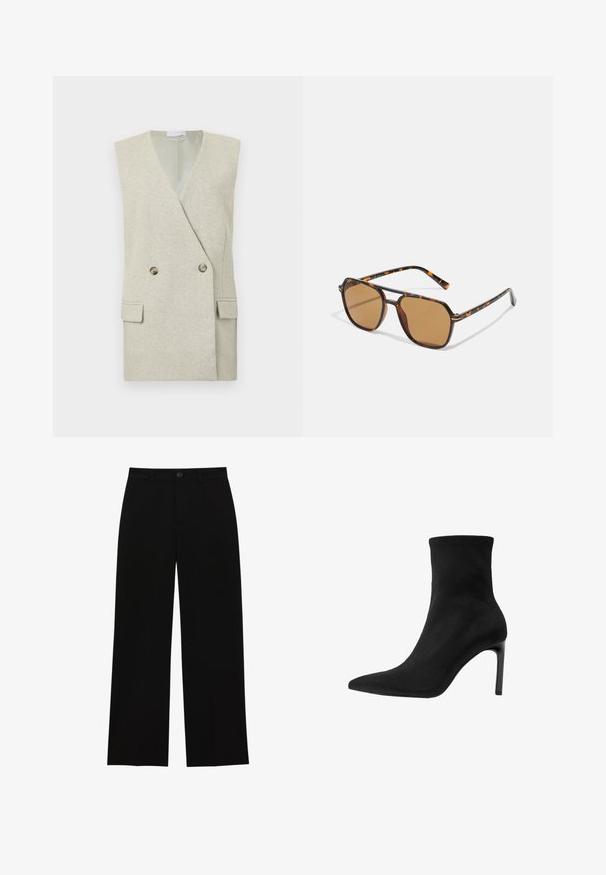 Gilet grigio chiaro senza maniche con rever a incavo, doppiopetto con bottoni, due tasche frontali e finitura testurizzata.; Due maglie a manica lunga con collo alto, una bianca e una nera, realizzate in un tessuto morbido e elasticizzato, entrambe con un design aderente e colli alti.; Pantaloni neri a vita alta, a gamba larga, realizzati in un tessuto morbido, con davanti piatto, chiusura con bottone e senza tasche visibili.; Stivale alla caviglia nero in suede liscio, con punta appuntita e alto tacco a stiletto. Design elegante e minimalista senza decorazioni.; Occhiali da sole marroni con montatura in tartaruga, lenti rettangolari e aste sottili con motivo arancione.