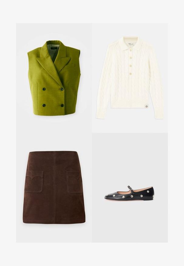 Marožnovi bez rukava dvoredni sako s izbočenim reverima i četiri crna dugmeta na bijeloj pozadini.; Krem pulover s kabelskim pletenjem i ovratnikom, s četiri gumba, rebrastim rukavima i malim logom na rubu.; Smeđa suknja od antilopa s klasičnim A-linijom, dva prednja džepa s zaobljenim poklopcima i suptilnim detaljima šivanja.; Crne kožne Mary Jane balerinke s zaobljenim vrhom, koje sadrže srebrne kružne zakovice i podesivu traku s kopčom.