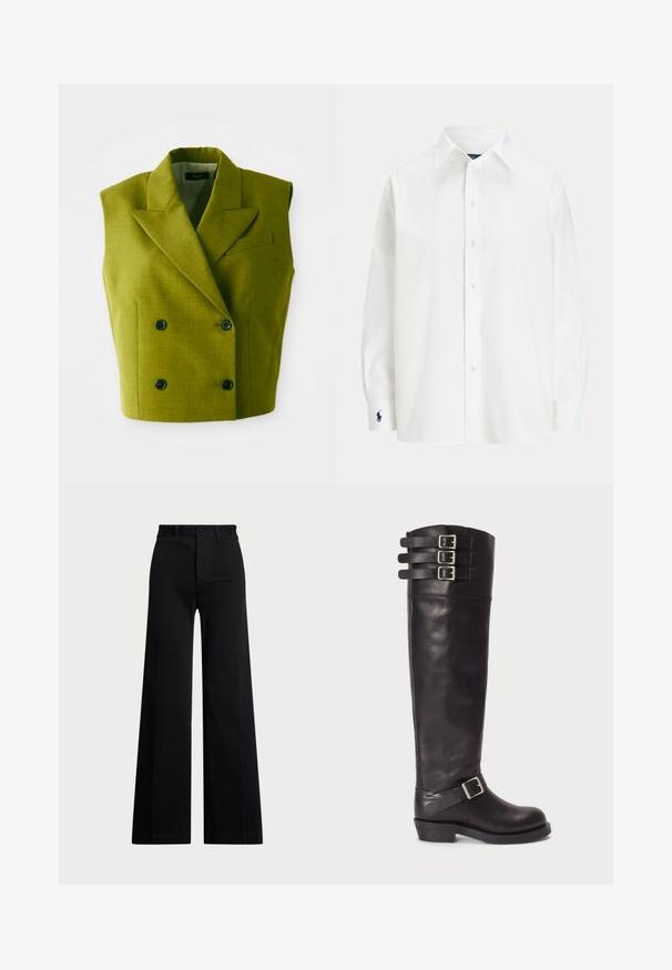 Mugurkakla divpusējs olīvzaļš bleizers bez piedurknēm ar izliektām atlokām un četriem melniem pogām uz balta fona.; Balta krekla ar garām piedurknēm, klasiskā josta un mazs zils logo uz aproces. Gluda kokvilnas auduma, strukturēta piegriezuma.; Melni platā kāju bikses, izgatavotas no austas auduma, ar augstu jostasvietu, priekšējo pogu aizdari un sānu kabatām. Gluda tekstūra ar skaidrām līnijām.; Melnas ādas līdz ceļiem nēsājamās zābaki ar noapaļotu purngalu, trīs siksniņu sprādzēm augšpusē un sānu sprādzi. Plakanā zole un gluda tekstūra.