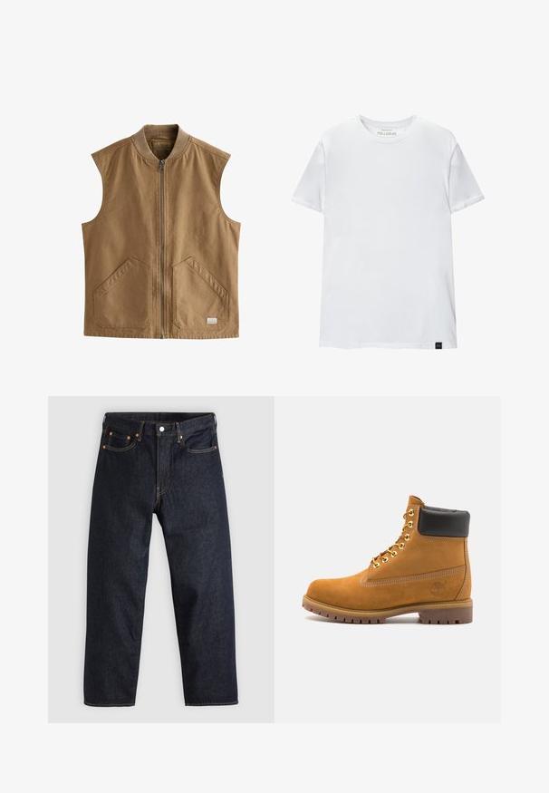 Bruine mouwloze vest gemaakt van duurzame stof, met een ritssluiting aan de voorkant, twee grote schuin geplaatste zakken en een geribde kraag.; Witte spiergetailleerde t-shirt van katoen. Ronde hals, korte mouwen, gladde textuur. Klein zwart logo-label aan de zoom. Eenvoudig ontwerp.; Donkerblauwe denim jeans met een rechte snit, vijf zakken, contrasterende oranje stiksels en een knoopsluiting. Geen zichtbare patronen of versieringen.; Tan suède enkelboot met zwart gevoerd kraagje, gouden metalen oogjes, witte stikdetails en een robuuste rubberen zool met uitgesproken profiel.