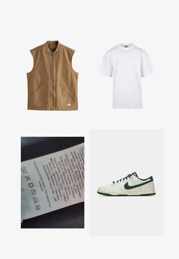 Gilet marrone senza maniche realizzato in tessuto resistente, dotato di una zip frontale, due grandi tasche angolate e un colletto a coste.; T-shirt bianca in cotone con scollatura a girocollo, maniche corte e vestibilità rilassata. Presenta un design semplice senza motivi o accenti.; Etichetta con testo multilingue, simboli di cura e icone di riciclo, stampata su un materiale morbido simile a stoffa di colore chiaro.; Sneaker bianco a bassa cima con swoosh Nike verde scuro, lacci e dettagli della suola, mostrato di profilo su uno sfondo bianco uniforme.