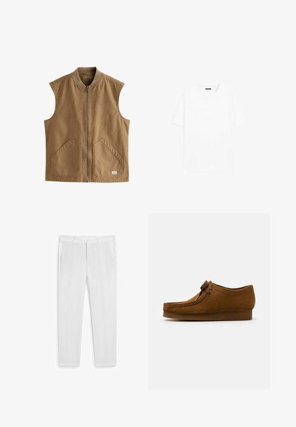 Gilet sans manches marron en tissu durable, doté d'une fermeture éclair à l'avant, de deux grandes poches inclinées et d'un col côtelé.; T-shirt en coton blanc à manches courtes, col rond et coupe droite. Texture lisse sans motifs ni accents visibles.; Pantalon en lin blanc à coupe droite, doté de deux poches avant et d'une fermeture à bouton. Texture lisse, sans motifs ni accents visibles.; Chaussure en daim marron avec un bout rond et un petit talon, dotée de coutures détaillées le long des coutures et d'un système de laçage à l'avant. Texture douce avec une conception épurée.