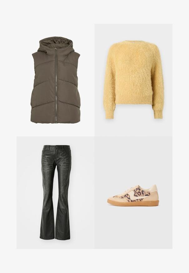 Prešívaná vesta tmavozelenej farby s kapucňou. Má horizontálne prešívané panely a predný zips na zapínanie. Mäkká, hladká textúra.; Mäkký, chĺpky žltý sveter s dlhým rukávom a rebrovanými manžetami a spodným leme, s okrúhlym výstrihom a hebkou textúrovanou pleteninou.; Čierne faux kožené zvonové džínsy s prednými vreckami, kovovým zapínaním a mierne textúrovaným povrchom. Priamy strih s dlhým strihom.; Tenisky s leopardím vzorom, s béžovým semišovým zvrškom, svetlohnedou gumovou podrážkou a bielymi akcentmi. Okrúhla špička a šnurovací dizajn s textúrovaným povrchom.