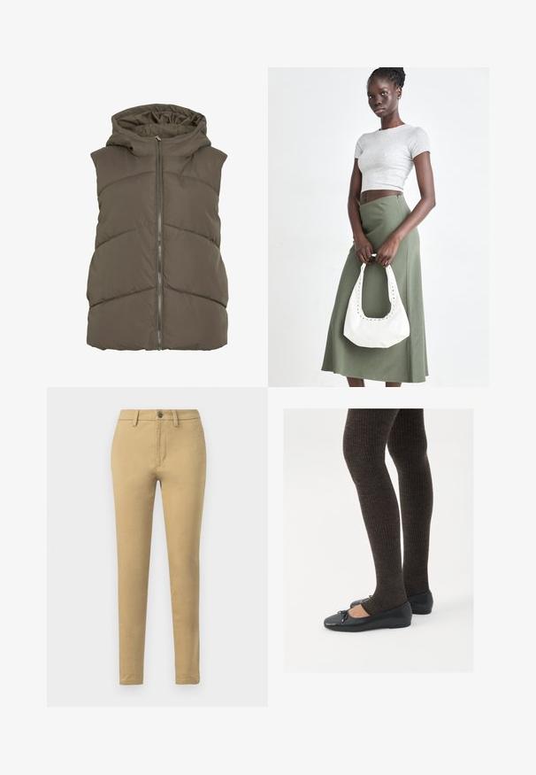 Polsterēts vestes jaka tumši olīvu zaļā krāsā ar kapuci. Aprīkota ar horizontālām šūtiem paneliem un priekšējo rāvējslēdzēja aizdari. Mīksta, gluda tekstūra.; Kreklu adītas svītras tumši zilā un gaiši pelēkā krāsā ar viļņu rakstu, ziedu dizains rozā un melnā krāsā, apaļš kakls, ribināti piedurkņu un apakšmala.; Kaki chinos no kokvilnas maisījuma auduma, ar šauru piegriezumu, jostas cilpām, priekšējiem kabatām un vienu pogu aizdari.; Melnas plakano formas kurpes ar mazu loku uz pirksta, apvienotas ar tumši brūnām ribotām zeķubiksēm. Kurpēm ir gluda tekstūra un zems profils.; Pelēks ribots īsais tops un olīvzaļš augstās vidukļa svārki. Modelis tur baltu plecu somu ar izgriezumiem. Vienkāršs dizains, pieguloša silueta.