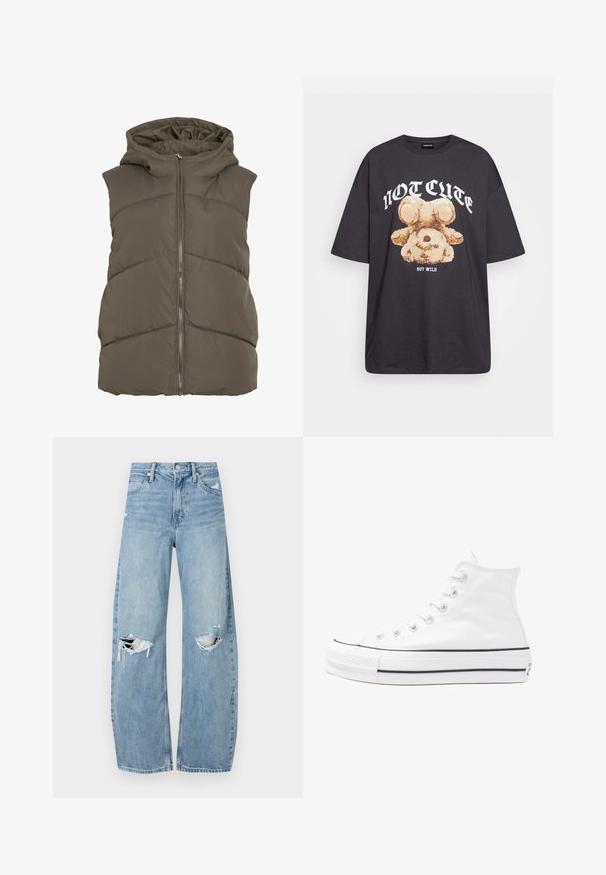 Prešívaná vesta tmavozelenej farby s kapucňou. Má horizontálne prešívané panely a predný zips na zapínanie. Mäkká, hladká textúra.; Čierne oversized tričko s grafikou medveďa a textom "NIE ROZTOMILÉ ALE DIVOKÉ" v tučnom bielom písmene. Bavlnený materiál.; Svetlomodré, vysoké džínsy vyrobené z denimu. Majú široké nohavice, dve roztrhnuté kolená a klasický päťvreckový strih.; Biele vysoké plátené tenisky s čiernou gumovou podošvou, prednou gumovou špičkou a šiestimi okami na šnúrky, s čistým, minimalistickým dizajnom.