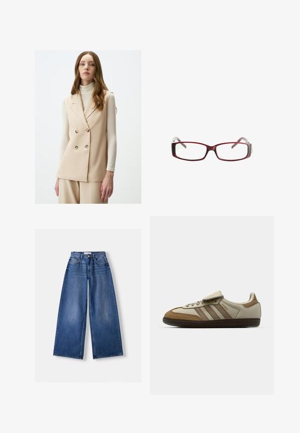 Gilet sans manches beige avec un design croisé, comportant deux boutons ronds, une texture lisse et des revers nets.; Stradivarius Débardeur - light yellow; Bershka WIDE-LEG - Wide Leg - dark blue; Chaussure de sport marron et crème avec trois rayures beiges, en daim et cuir, à lacets et avec une semelle en caoutchouc. Logo textuel sur le côté.; Lunettes de vue rectangulaires rouges au design épuré. Verres transparents, branches légèrement translucides, et effet dégradé du rouge vers le gris.