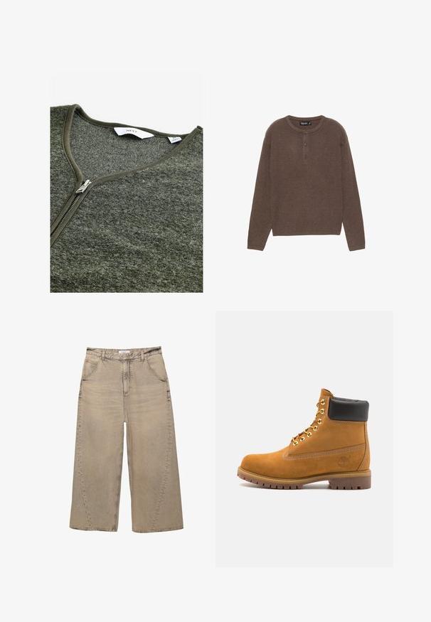 Grüner Reißverschluss-Pullover mit V-Ausschnitt, aus strukturiertem Material gefertigt. Verfügt über einen Metallreißverschluss und ein einfaches Etikett innen.; Braunes geripptes Strickoberteil mit langen Ärmeln, rundem Halsausschnitt und einer Drei-Knopf-Leiste. Hat einen geraden Schnitt und eine weiche Textur.; PULL&BEAR MEGA BAGGY - Baggy Jeans - light grey; Beige Wildleder-Ankle-Boot mit schwarzem gepolstertem Kragen, goldenen Metallösen, weißen Nähdetalben und einer robusten Gummisohle mit ausgeprägtem Profil.