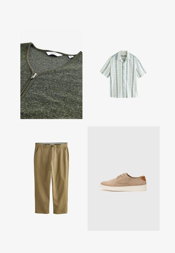 Zaļš kapucis ar V-veida kakla izgriezumu, izgatavots no teksturēta materiāla. Tam ir metāla rāvējslēdzis un vienkārša birka iekšpusē.; Next SHORT SLEEVE TEXTURED STRIPE - Krekls - blue white; Kaki chinos no kokvilnas auduma, ar divām sānu kabatām, pogu aizdari, taisnām kājām un gludu tekstūru.; Beige zamšādas kedas ar noapaļotu purngala daļu, auklēm saplacinātu priekšpusi un teksturētu aizmugures akcentu. Balta gumijas zole nodrošina kontrastu. Vienkāršs un mūsdienīgs dizains.