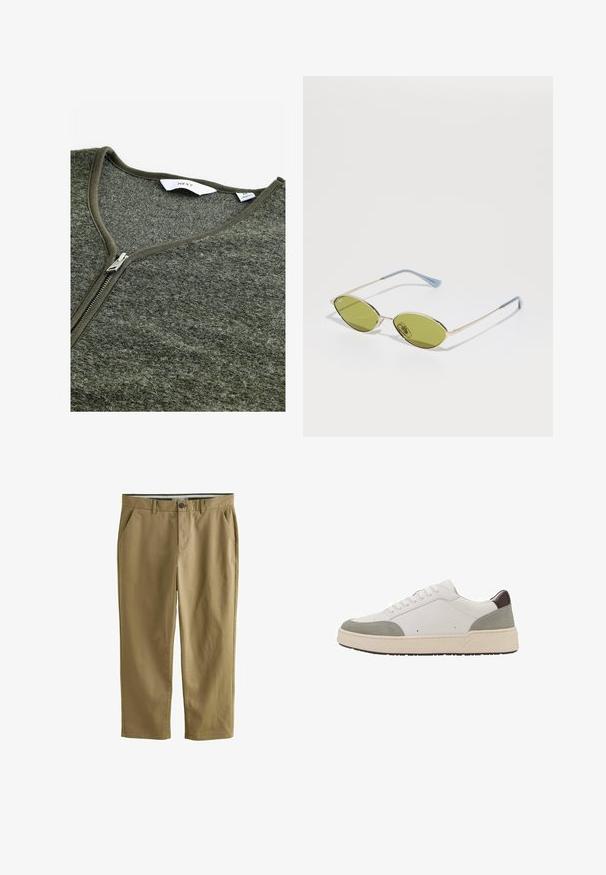 Vihreä vetoketjullinen villapaita, jossa on V-pääntie, valmistettu teksturoidusta materiaalista. Varustettu metallivetoketjulla ja yksinkertaisella tarralla sisällä.; Next SHORT SLEEVE - Vapaa-ajan kauluspaita - green; Khaki chinot, joka on valmistettu puuvillasekoitteesta. Niissä on kaksi sivutaskua, nappikiinnitys, suorat lahkeet ja sileä pinta.; Valkoiset tennarit, joissa on harmaata mokkaa ja tummanruskeita nahkaosia. Ominaisuuksiin kuuluu nauhakiinnitys, pyöreä kärki, paksu valkoinen kumipohja ja minimaalinen ompelu.; Aurinkolasit oliivinvihreällä värillä, ohuella kultakehyksellä ja sinisillä yksityiskohdilla varustetuilla penseillä. Soikeat linssit ja minimalistischinen muotoilu.