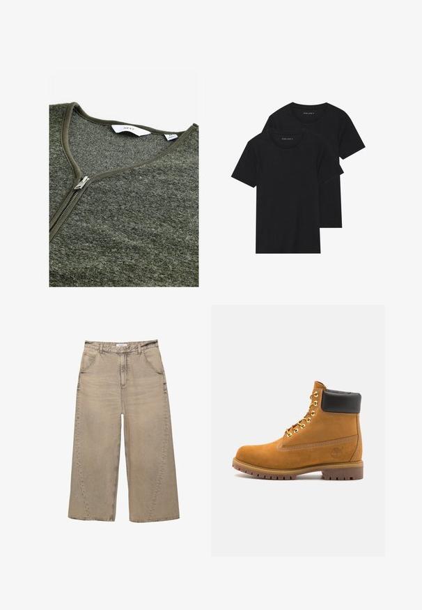 Zelený svetr na zip s výstřihem do V, vyrobený z texturovaného materiálu. Obsahuje kovový zip a jednoduchou visačku uvnitř.; Dvě černé bavlněné tričko s krátkým rukávem, kulatým výstřihem a hladkou texturou, vystavené naskládané k sobě.; PULL&BEAR MEGA BAGGY - Baggy džíny - light grey; Hnědé semišové kotníkové boty s černým polstrovaným límcem, zlatými kovovými očky, bílým prošíváním a odolnou gumovou podrážkou s výraznými drážkami.