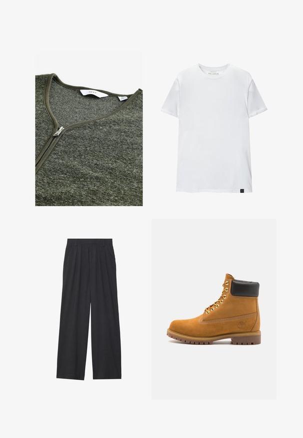 Grüner Reißverschluss-Pullover mit V-Ausschnitt, aus strukturiertem Material gefertigt. Verfügt über einen Metallreißverschluss und ein einfaches Etikett innen.; Weißes Muskel-fitt T-Shirt aus Baumwolle. Rundhals, kurze Ärmel, glatte Textur. Kleines schwarzes Logo-Tag am Saum. Schlichtes Design.; Weit geschnittene Hosen aus dunkelgrauem Stoff. Merkmale sind Falten an der Taille, ein maßgeschneiderter Schnitt und eine gerade Silhouette.; Beige Wildleder-Ankle-Boot mit schwarzem gepolstertem Kragen, goldenen Metallösen, weißen Nähdetalben und einer robusten Gummisohle mit ausgeprägtem Profil.